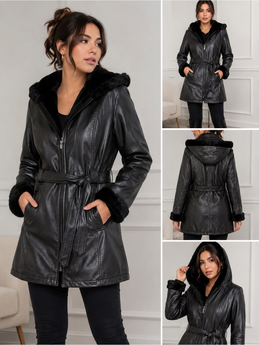 Wilsons Leather Black Faux Leather Hooded Belted Jacket heavy